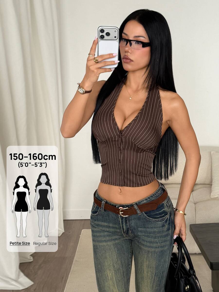 SHEIN PETITE 女款棉質條紋立領單排扣上衣 - 棕色 - 查看 1