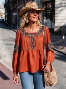 Breezaya Blus Kasual Wanita Motif Bunga untuk Liburan - Jeruk - View 6