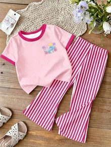 Baby Girl Wave & Slogan Graphic Tee & Striped Print Pants Set - Multicolor - View 2