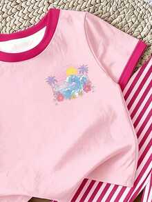 Baby Girl Wave & Slogan Graphic Tee & Striped Print Pants Set - Multicolor - View 3