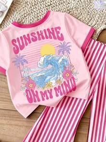 Baby Girl Wave & Slogan Graphic Tee & Striped Print Pants Set - Multicolor - View 5