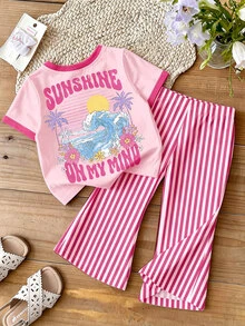 Baby Girl Wave & Slogan Graphic Tee & Striped Print Pants Set - Multicolor - View 1