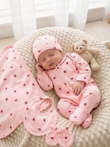SHEIN Vintaside Kids 【隨機5款，1套發貨】新生兒0-12個月居家連身衣，森系碎花配鏈條工藝對比色，清新風格，長袖連腳，按扣設計，穿脫方便，居家休閒，日常外出，春夏四季皆宜 - 彩色 - 查看 6