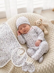 SHEIN Vintaside Kids 【隨機5款，1套發貨】新生兒0-12個月居家連身衣，森系碎花配鏈條工藝對比色，清新風格，長袖連腳，按扣設計，穿脫方便，居家休閒，日常外出，春夏四季皆宜 - 彩色 - 查看 7