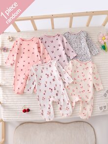 SHEIN Vintaside Kids 【隨機5款，1套發貨】新生兒0-12個月居家連身衣，森系碎花配鏈條工藝對比色，清新風格，長袖連腳，按扣設計，穿脫方便，居家休閒，日常外出，春夏四季皆宜 - 彩色 - 查看 2