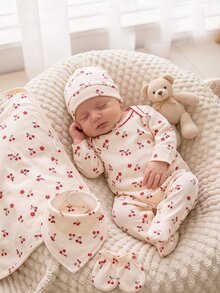SHEIN Vintaside Kids 【隨機5款，1套發貨】新生兒0-12個月居家連身衣，森系碎花配鏈條工藝對比色，清新風格，長袖連腳，按扣設計，穿脫方便，居家休閒，日常外出，春夏四季皆宜 - 彩色 - 查看 8