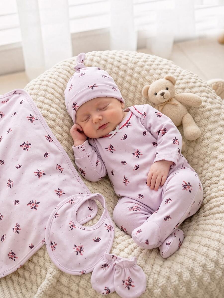 SHEIN Vintaside Kids 【隨機5款,1套發貨】新生兒0-12個月居家連身衣,森系碎花配鏈條工藝對比色,清新風格,長袖連腳,按扣設計,穿脫方便,居家休閒,日常外出,春夏四季皆宜 - 彩色 - 查看 1