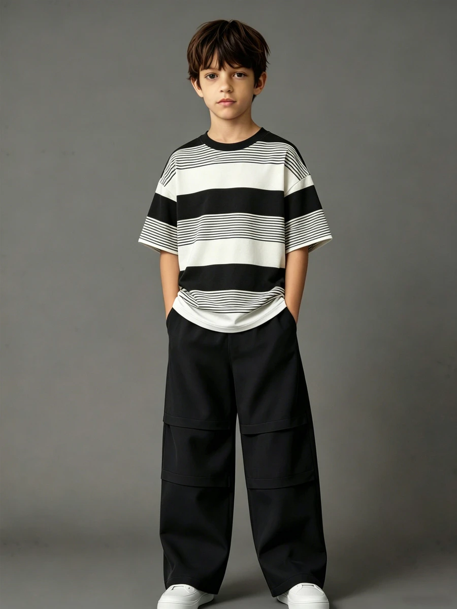SHEIN 幼童男童條紋印花短袖圓領T恤與鬆緊腰工裝褲套裝,白色T恤搭配橄欖綠工裝褲 - 彩色 - 查看 1