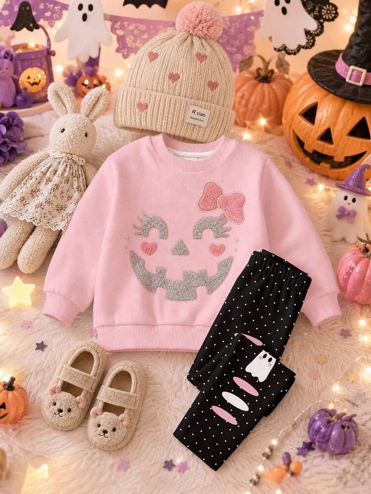 Super Cute Pink & Black Halloween Pumpkin, Little Ghost Polka Dot Pattern, Hey Bootiful Trick Or Treat Baby Girl Casual Soft Crew Neck Loose Pullover Sweatshirt & Legging Set, Autumn/Winter Daily, Halloween, Girly Style, Pumpkin Season, BOO! - Multicolor - View 3