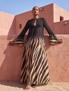 Zivah Ombre Zebra Striped Print Keyhole Neck Bell Sleeve Sheer Chiffon Cover Up Dress Cover Ups For Swimwear - Multicolor - View 4