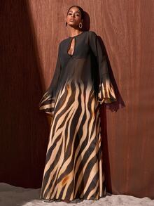 Zivah Ombre Zebra Striped Print Keyhole Neck Bell Sleeve Sheer Chiffon Cover Up Dress Cover Ups For Swimwear - Multicolor - View 11