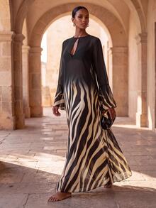 Zivah Ombre Zebra Striped Print Keyhole Neck Bell Sleeve Sheer Chiffon Cover Up Dress Cover Ups For Swimwear - Multicolor - View 5