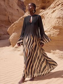 Zivah Ombre Zebra Striped Print Keyhole Neck Bell Sleeve Sheer Chiffon Cover Up Dress Cover Ups For Swimwear - Multicolor - View 3