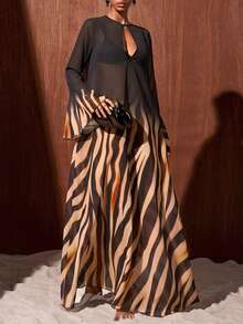 Zivah Ombre Zebra Striped Print Keyhole Neck Bell Sleeve Sheer Chiffon Cover Up Dress Cover Ups For Swimwear - Multicolor - View 12
