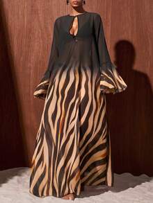 Zivah Ombre Zebra Striped Print Keyhole Neck Bell Sleeve Sheer Chiffon Cover Up Dress Cover Ups For Swimwear - Multicolor - View 13