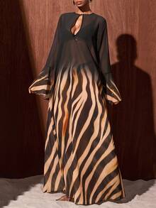 Zivah Ombre Zebra Striped Print Keyhole Neck Bell Sleeve Sheer Chiffon Cover Up Dress Cover Ups For Swimwear - Multicolor - View 8