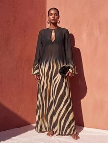Zivah Ombre Zebra Striped Print Keyhole Neck Bell Sleeve Sheer Chiffon Cover Up Dress Cover Ups For Swimwear - Multicolor - View 6