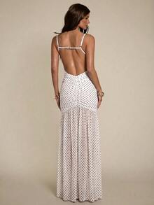 SHEIN BAE 女士时尚派对波点印花露背吊带连衣裙 - 白色 - 查看 2