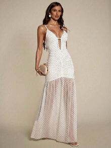 SHEIN BAE 女士时尚派对波点印花露背吊带连衣裙 - 白色 - 查看 4