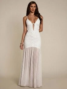 SHEIN BAE 女士时尚派对波点印花露背吊带连衣裙 - 白色 - 查看 3