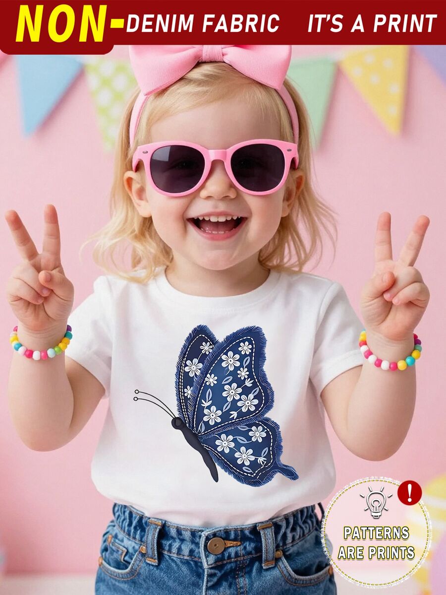 Spring Summer Autumn Baby Girl Fashion White And Blue Floral Butterfly Pattern Basic Short T-Shirt Back-To-School Graduation Cute Casual - White - View 1
