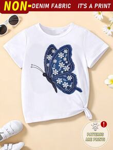 Spring Summer Autumn Baby Girl Fashion White And Blue Floral Butterfly Pattern Basic Short T-Shirt Back-To-School Graduation Cute Casual - White - View 3