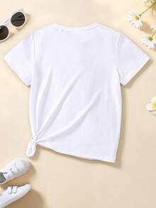 Spring Summer Autumn Baby Girl Fashion White And Blue Floral Butterfly Pattern Basic Short T-Shirt Back-To-School Graduation Cute Casual - White - View 2
