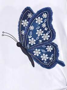 Spring Summer Autumn Baby Girl Fashion White And Blue Floral Butterfly Pattern Basic Short T-Shirt Back-To-School Graduation Cute Casual - White - View 4