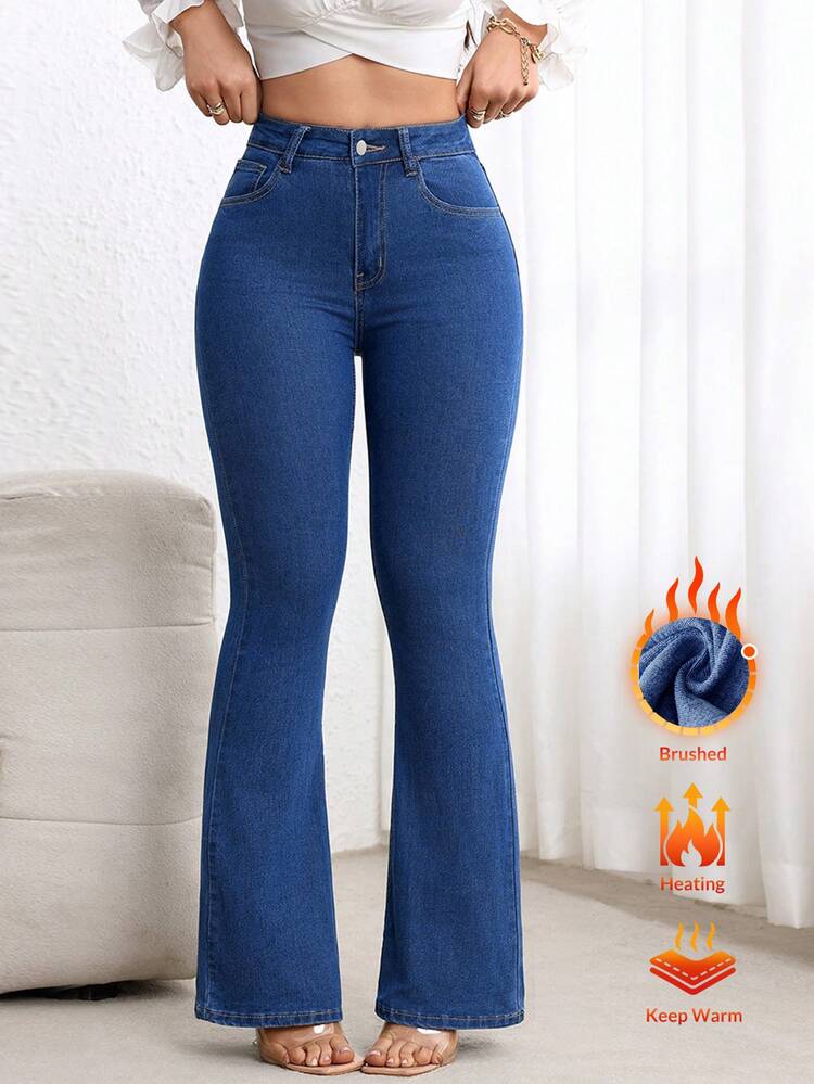 SHEIN ICON Casual Washed Slim Fit Flare Leg Denim Jeans - Blue - View 1
