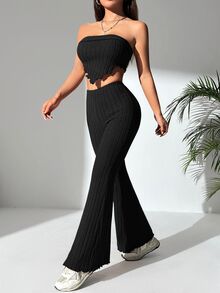 SHEIN PETITE 夏季時尚純色抹胸上衣與喇叭褲套裝，適合嬌小女性 - 黑色 - 查看 6