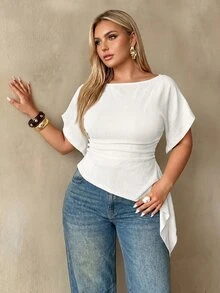 Auralis Plus Size Women Solid Color Ruched Slim Fit Versatile Casual T-Shirt - White - View 1