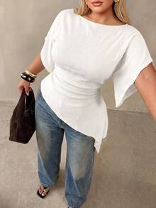 Auralis Plus Size Women Solid Color Ruched Slim Fit Versatile Casual T-Shirt - White - View 2