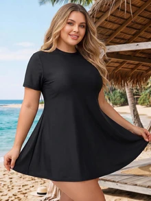 SHEIN CURVE+ 大尺碼女款純色短袖上衣與三角比基尼褲兩件式泳衣套裝 - 黑色 - 查看 4