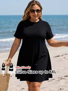 SHEIN CURVE+ 大尺碼女款純色短袖上衣與三角比基尼褲兩件式泳衣套裝 - 黑色 - 查看 2