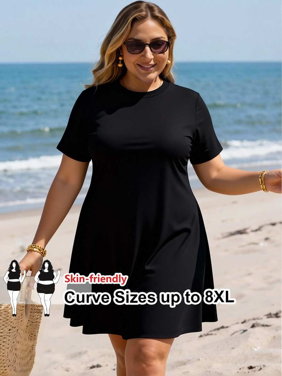 SHEIN CURVE+ 大尺碼女款純色短袖上衣與三角比基尼褲兩件式泳衣套裝