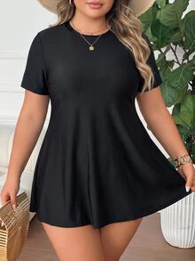 SHEIN CURVE+ 大尺碼女款純色短袖上衣與三角比基尼褲兩件式泳衣套裝 - 黑色 - 查看 5