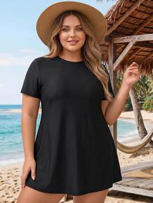 SHEIN CURVE+ 大尺碼女款純色短袖上衣與三角比基尼褲兩件式泳衣套裝 - 黑色 - 查看 6