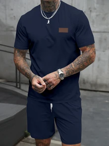 Manfinity Homme Men's Leather Patch Decor Casual Fitted T-Shirt Set - Navy Blue - View 5