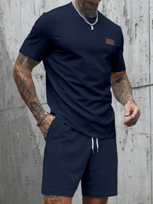 Manfinity Homme Men's Leather Patch Decor Casual Fitted T-Shirt Set - Navy Blue - View 6