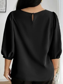 INAWLY Plus Size Solid Color Round Neck Casual Versatile Commuter Shirt Fall - Black - View 2