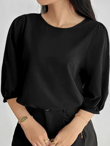 INAWLY Plus Size Solid Color Round Neck Casual Versatile Commuter Shirt Fall - Black - View 1