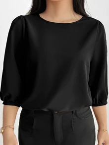 INAWLY Plus Size Solid Color Round Neck Casual Versatile Commuter Shirt Fall - Black - View 4