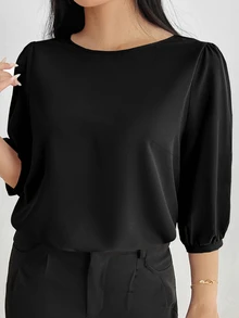 INAWLY Plus Size Solid Color Round Neck Casual Versatile Commuter Shirt Fall - Black - View 3