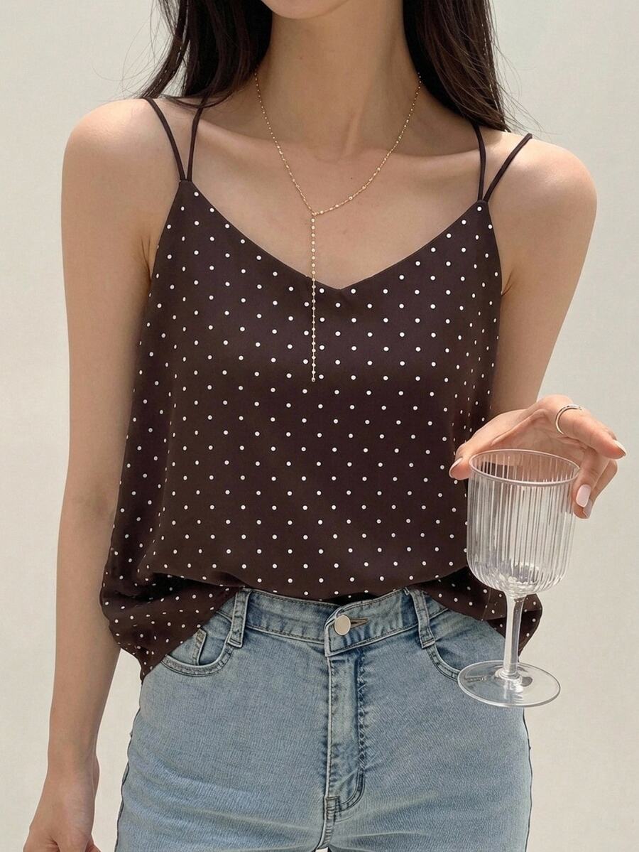 DAZY 女款波點休閒百搭日常細肩帶背心上衣 - 棕色 - 查看 1