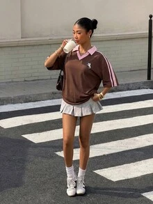 Muchica Contrast Color Embroidered Polo Shirt For Women,Summer Top - Chocolate Brown - View 3