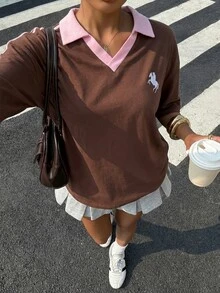 Muchica Contrast Color Embroidered Polo Shirt For Women,Summer Top - Chocolate Brown - View 4
