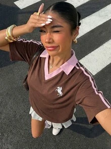 Muchica Contrast Color Embroidered Polo Shirt For Women,Summer Top - Chocolate Brown - View 6