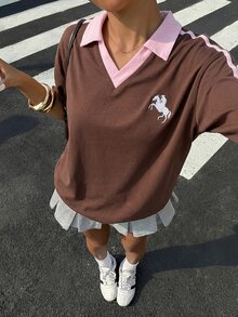 Muchica Contrast Color Embroidered Polo Shirt For Women,Summer Top - Chocolate Brown - View 5