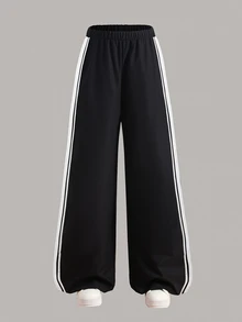 SHEIN Sparklyn 經典休閒長褲 春季/秋季 雙腰帶設計 簡約舒適 衛衣布料 適合街頭穿搭與運動 百搭夾克與上衣 展現青春活力 秋冬款 保暖內裡加厚 - 黑色 - 查看 4