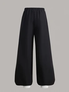 SHEIN Sparklyn 經典休閒長褲 春季/秋季 雙腰帶設計 簡約舒適 衛衣布料 適合街頭穿搭與運動 百搭夾克與上衣 展現青春活力 秋冬款 保暖內裡加厚 - 黑色 - 查看 2